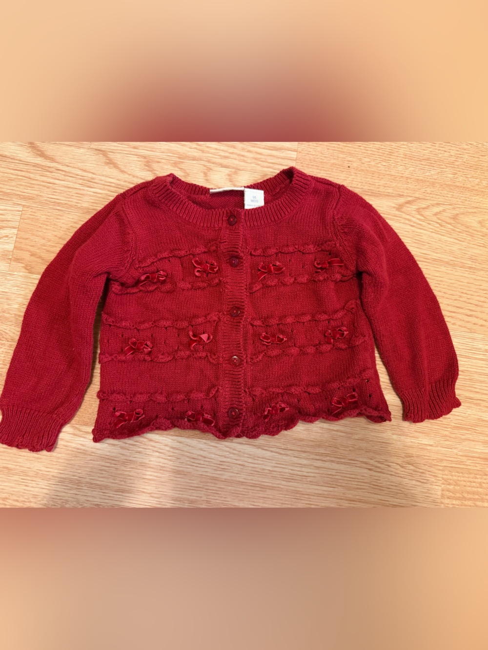 Vintage The Childrens Place Red Knit Cardigan Sweater Velvet Bow Accents 18M